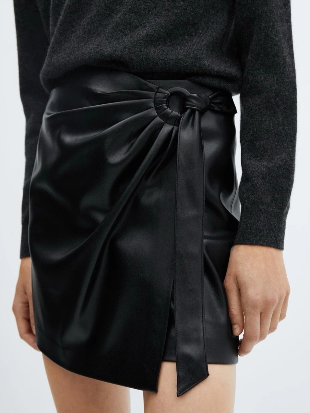NWT Mango MNG Faux Leather Effect Buckled Mini Crossover Wrap Skirt Black MD